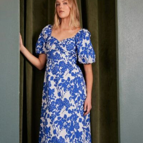 Mittoshop Cutout Back Floral Sweetheart Neck Puff Sleeve Dress
