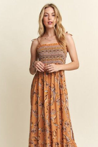 ADORA Smocked Printed Square Neck Tie Shoulder Cami Dress