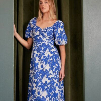 Mittoshop Cutout Back Floral Sweetheart Neck Puff Sleeve Dress