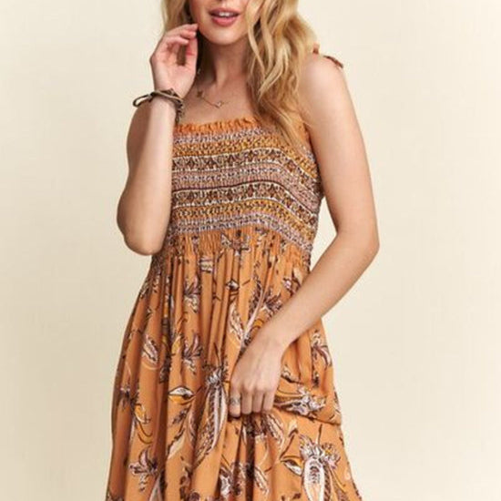 ADORA Smocked Printed Square Neck Tie Shoulder Cami Dress