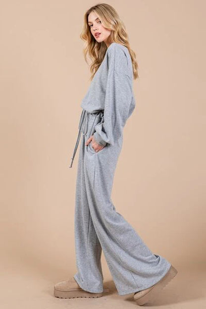 Ces Femme Boat Neck Long Sleeve Jumpsuit with Drawstring Detail